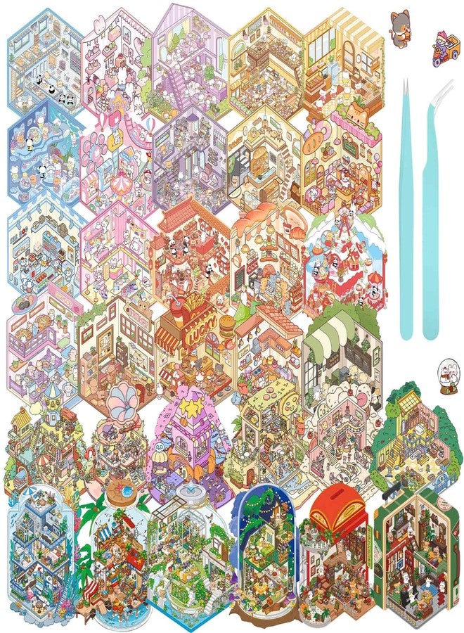 FUVLIFE 32 Sets 3D Sticker Scene, Sticker Therapy DIY, Build Your Own Scene Stickers Collection Cozy Room Cute House Shop, Kawaii 3D Miniature House for Adults Relief Stress and Pass The Time - Image 1